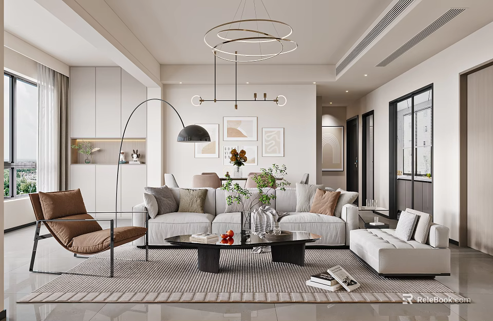 Modern Living Dining Room Interior Design With Sofa Coffee Table And Decorative Artworks 3d model