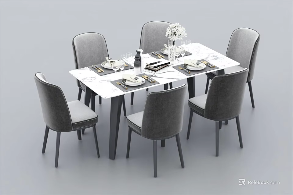 Rectangular Dining Table Set With Six Gray Chairs Tableware Wine Bottle And Flower Vase 3d model