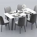 Rectangular Dining Table Set With Six Gray Chairs Tableware Wine Bottle And Flower Vase 3d model