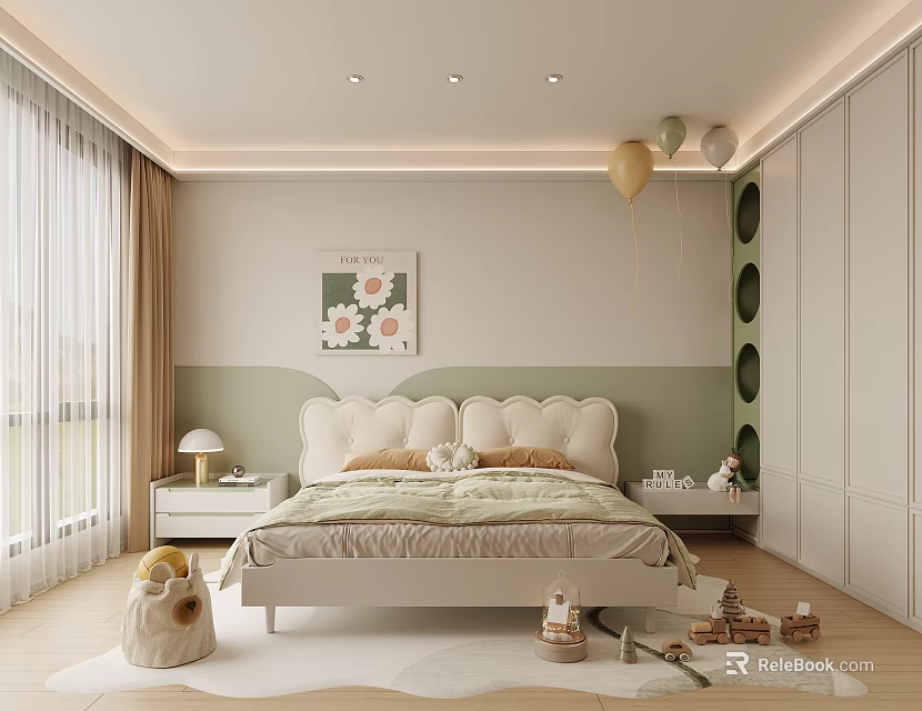 Kids Room Interior With Soft Headboard Bed Floral Wall Art Balloons Light Curtains And Toys 3d model 