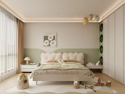 Kids Room Interior With Soft Headboard Bed Floral Wall Art Balloons Light Curtains And Toys 3d model