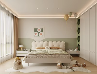 Kids Room Interior With Soft Headboard Bed Floral Wall Art Balloons Light Curtains And Toys 3d model