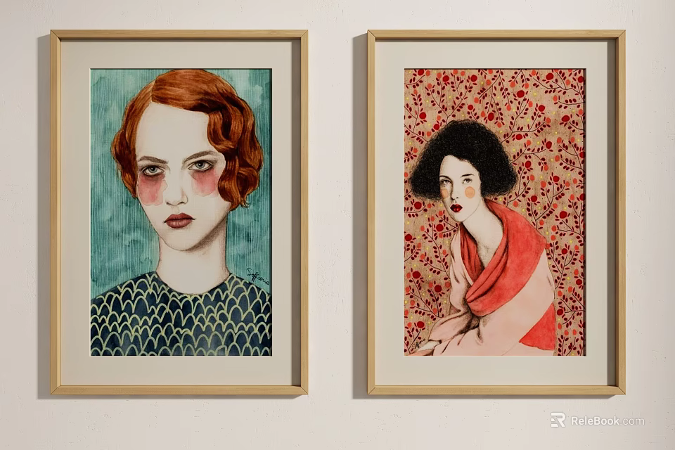 Two Portrait Paintings Featuring Red Curly Hair Green Top Black Short Hair Red Floral Background 3d model 