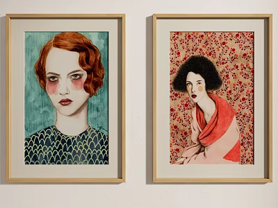 Two Portrait Paintings Featuring Red Curly Hair Green Top Black Short Hair Red Floral Background 3d model