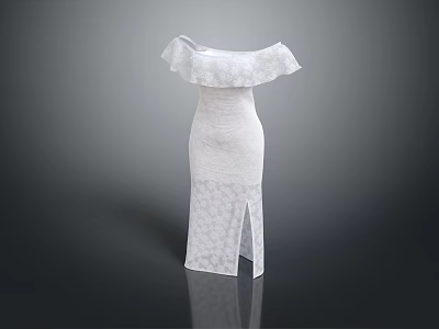 Detailed White Dress Sculpture Carving With Off Shoulder Ruffled Collar Slit And Patterned Design 3d model