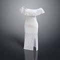 Detailed White Dress Sculpture Carving With Off Shoulder Ruffled Collar Slit And Patterned Design