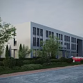 Modern Industrial Factory Building Exterior With Large Windows Landscaping Trees Shrubs Road And Red Car