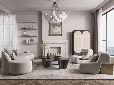 Modern Elegant Living Room Interior With Curved Sofa White Ball Chandelier Fireplace And Large Window 3d model