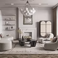 Modern Elegant Living Room Interior With Curved Sofa White Ball Chandelier Fireplace And Large Window