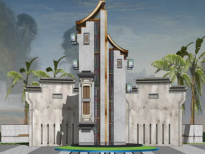 Traditional Chinese Spiritual Fortress Architecture With Stone Walls Hanging Lanterns And Palm Trees 3d model