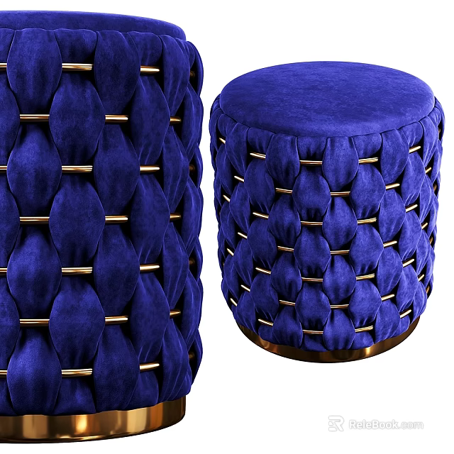 Blue Velvet Ottoman With Braided Design Gold Metal Accents And Round Base 3d model 
