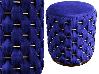 Blue Velvet Ottoman With Braided Design Gold Metal Accents And Round Base 3d model