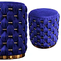 Blue Velvet Ottoman With Braided Design Gold Metal Accents And Round Base