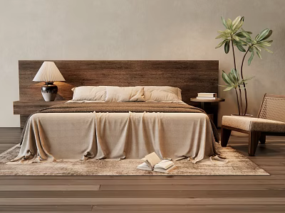 Double Bed In Modern Bedroom With Wooden Headboard Beige Bedspread Nightstand Lamp And Rug 3d model