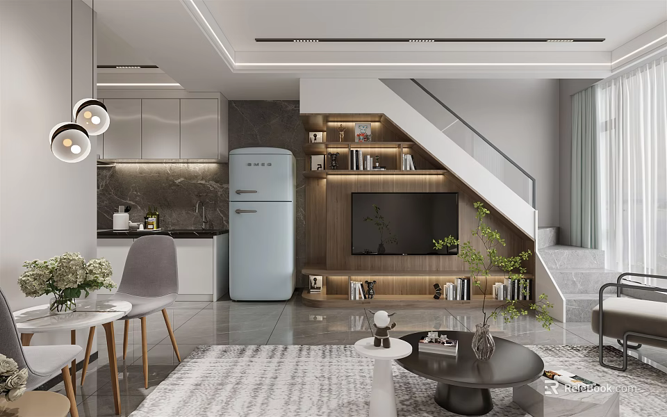 Modern Apartment Interior Design With Open Living Room Kitchen And Staircase 3d model 