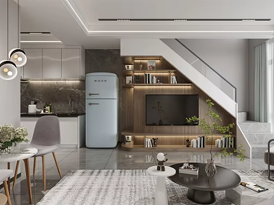 Modern Apartment Interior Design With Open Living Room Kitchen And Staircase 3d model
