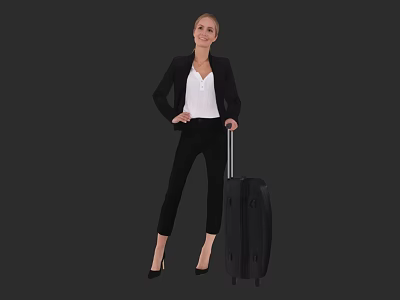 Confident Woman In Black Blazer White Top Black Pants With High Heels And Suitcase 3d model