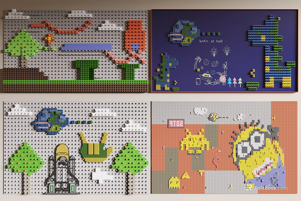 Colorful Building Blocks Create Diverse Scenes With Trees And Cartoon Characters 3d model