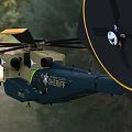 Military Green And Khaki Helicopter With Green Yellow Stripes Flying Over Grassland And Trees