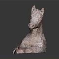 Red Terracotta Reclining Horse Sculpture With Textured Surface On Dark Background