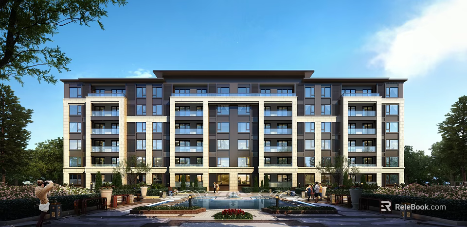 Modern Mid Rise Residential Building Exterior With Balconies Greenery And Fountains 3d model 