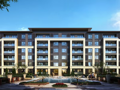 Modern Mid Rise Residential Building Exterior With Balconies Greenery And Fountains 3d model