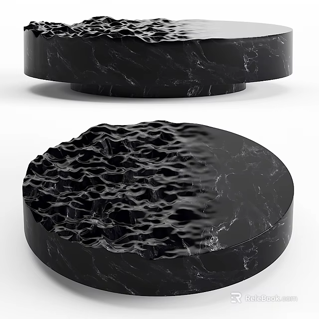 Modern Black Marble Coffee Table With Round Shape And Textured Wavy Surface 3d model 
