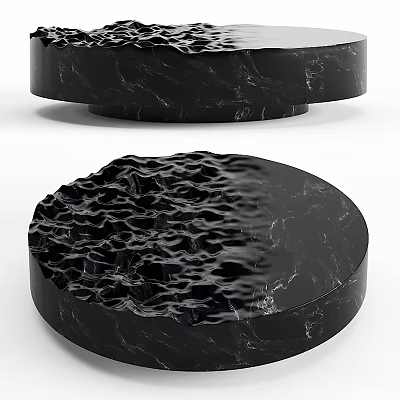 Modern Black Marble Coffee Table With Round Shape And Textured Wavy Surface 3d model