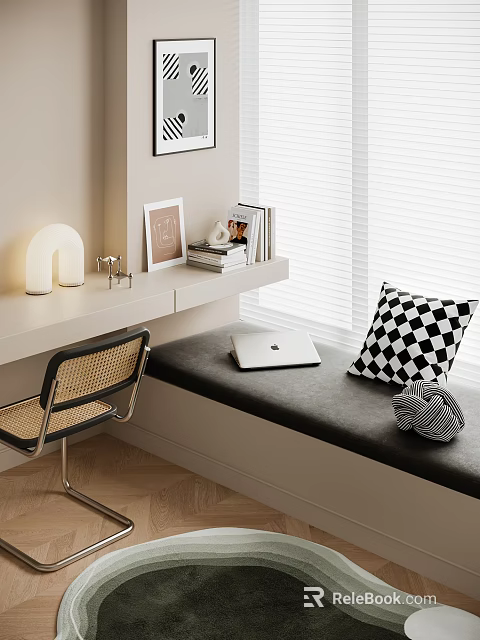 Cozy Bay Window Nook With Bench Laptop Checkered Pillow Knitted Cushion And Wicker Chair 3d model 
