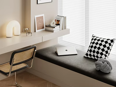 Cozy Bay Window Nook With Bench Laptop Checkered Pillow Knitted Cushion And Wicker Chair 3d model