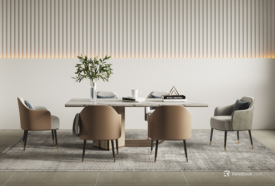 Modern Dining Table Set With Upholstered Chairs Potted Plant Decorative Items And Striped Wall Lighting 3d model 