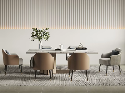 Modern Dining Table Set With Upholstered Chairs Potted Plant Decorative Items And Striped Wall Lighting 3d model