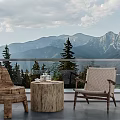 Outdoor Patio Table and Chair Set with Wooden Chairs Log Table and Mountain View