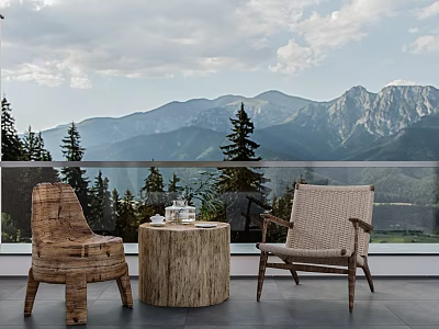 Outdoor Patio Table and Chair Set with Wooden Chairs Log Table and Mountain View 3d model