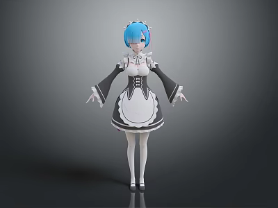 Game Anime Character With Blue Hair In Black And White Maid Outfit 3d model