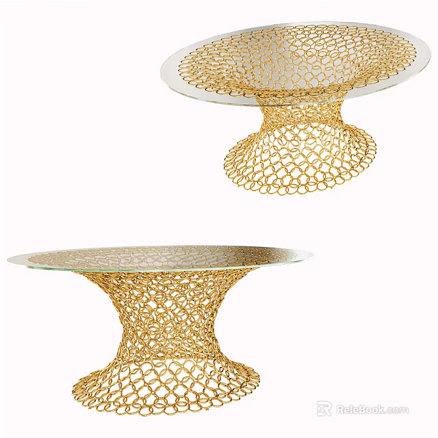 Modern Coffee Table With Golden Mesh Design Base And Clear Glass Top 3d model 