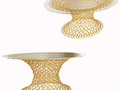 Modern Coffee Table With Golden Mesh Design Base And Clear Glass Top 3d model