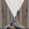 Modern Hotel Corridor With Wooden Doors Room Number Signs And Wave Pattern Carpet
