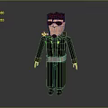 3D Cartoon Character Model Wearing Dark Long Coat Sunglasses And Badges
