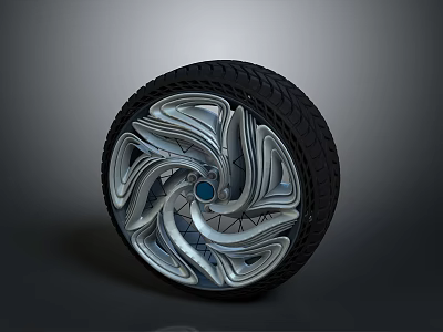 Modern Car Wheel Rim With Metallic Spokes Black Tire And Blue Center Cap 3d model