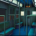 Subway Car Interior with Blue Green Tones Seats Handrails Windows and Doors