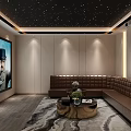 Home Theater Interior With Starry Ceiling Projector Brown Sofa Large Screen Wine Rack Bar Counter