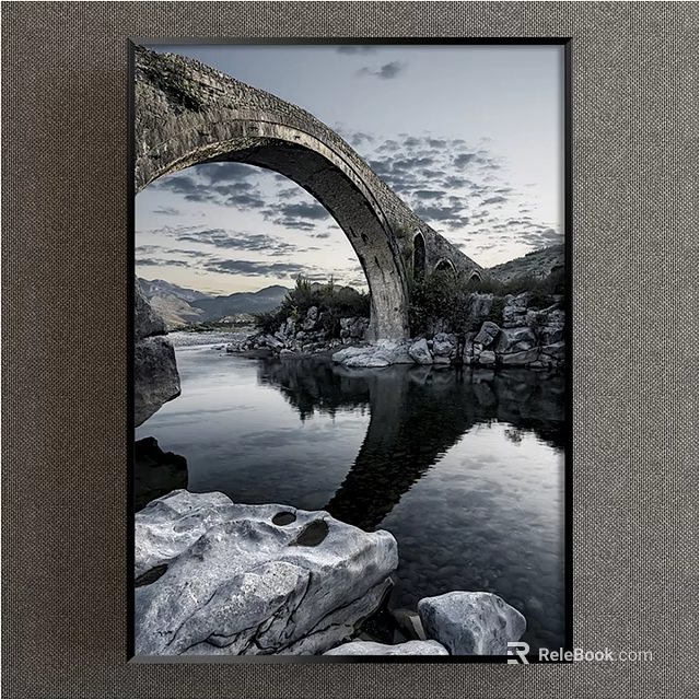 Landscape Painting With Stone Arch Bridge Calm Water Reflection Rocks Mountains And Cloudy Sky 3d model 
