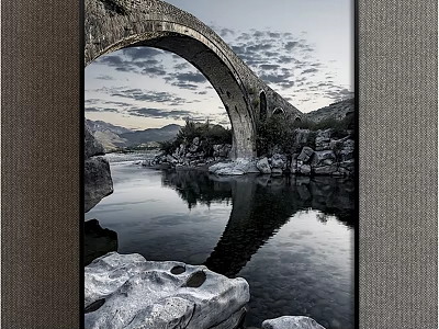 Landscape Painting With Stone Arch Bridge Calm Water Reflection Rocks Mountains And Cloudy Sky 3d model