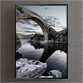 Landscape Painting With Stone Arch Bridge Calm Water Reflection Rocks Mountains And Cloudy Sky