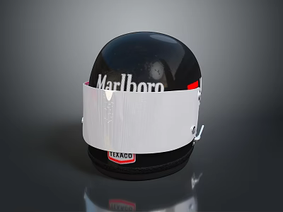 Black Weapon Helmet With Silver Visor Marlboro Logo And HANS Label 3d model