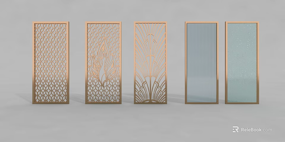 Stylish Room Dividers With Intricate Patterns Metal Frames And Glass Panels 3d model 