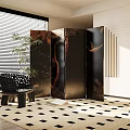 Folding Oriental Decorative Screen With Crane Tree Leaf And Brown Black Patterns 3d model