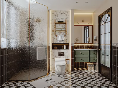 Elegant Retro Bathroom Interior Featuring Patterned Tiles Green Vanity And Frosted Glass Shower Enclosure 3d model
