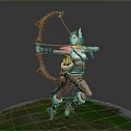 Woman Archer In Dynamic Stance With Decorative Bow And Armor Standing On Grass Ground